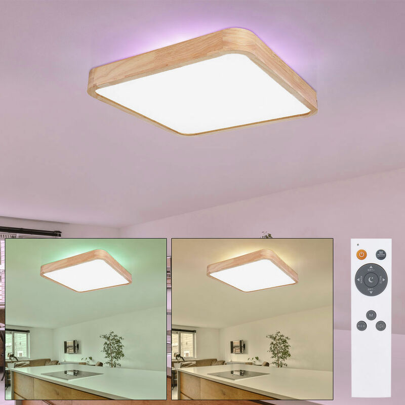 Plafonnier Plafonnier lampe de salon led, bois blanc opale, circuit cct changement de couleur dimmable, 36W 1480lm 3000-6000K, LxlxH 55x55x10,5 cm