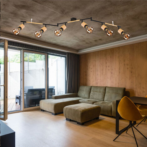 ETC-SHOP Plafonnier plafonnier lampe de salon spot bar lumière en bois, 6 spots mobiles, métal noir mat, bois naturel, douilles E27, LxlxH 145x8x19cm