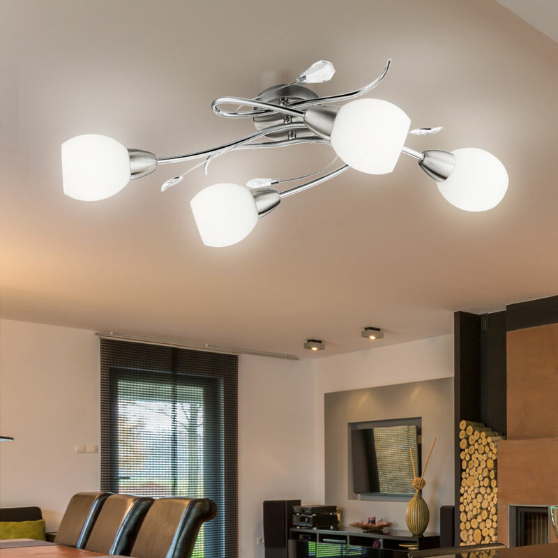 Plafonnier plafonnier lampe de salon spot lampe spot, 4 ampoules, feuilles décoratives verre opale chrome, douilles E14, Lxl 70x25cm