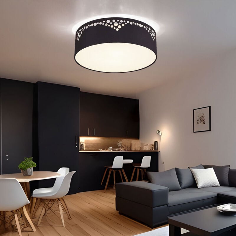 Plafonnier plafonnier salon lampe de couloir lampe de salle à manger, métal noir plastique opale textile blanc, 2 ampoules E27, d 35 cm