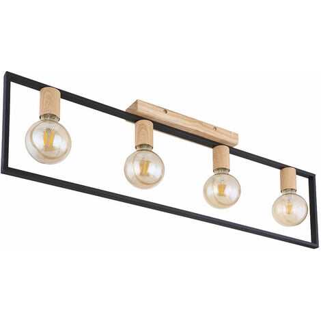 Plafonnier plafonnier salon lampe de cuisine, métal noir bois marron, 4 ampoules, E27, L 90 cm