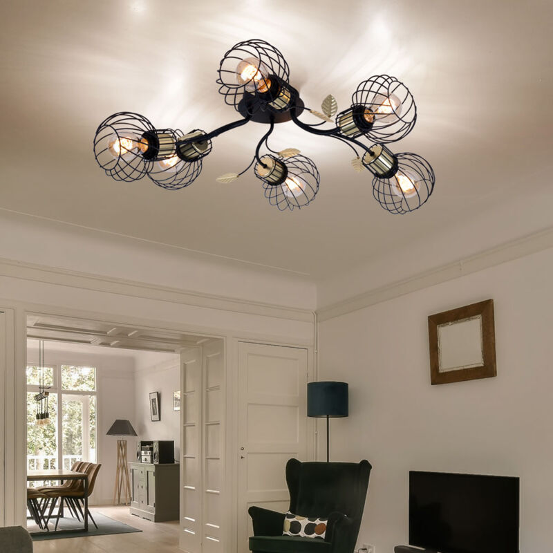 Globo Lighting - Plafonnier plafonnier salon lampe salle à manger lampe chambre, 6 ampoules métal noir feuilles décoratives laiton, douilles E27,