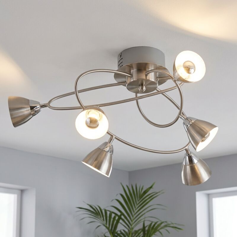 Wofi - Plafonnier Plafonnier design lampe de salle à manger, 6 flammes, courbé, métal, argent, led 4,5W 320lm 3000K blanc chaud, LxlxH 56,5x53,5x28 cm Wofi - Plafonnier Plafonnier design lampe de salle à manger, 6 flammes, courbé, métal, argent, led 4,5W 320lm 3000K blanc chaud, LxlxH 56,5x53,5x28 cm