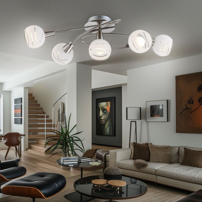 Plafonnier plafonnier spot lampe de salon spot, 5 ampoules verre nickel mat blanc, led 4W 400Lm blanc chaud, LxPxH 62,4x37,1x21,1cm