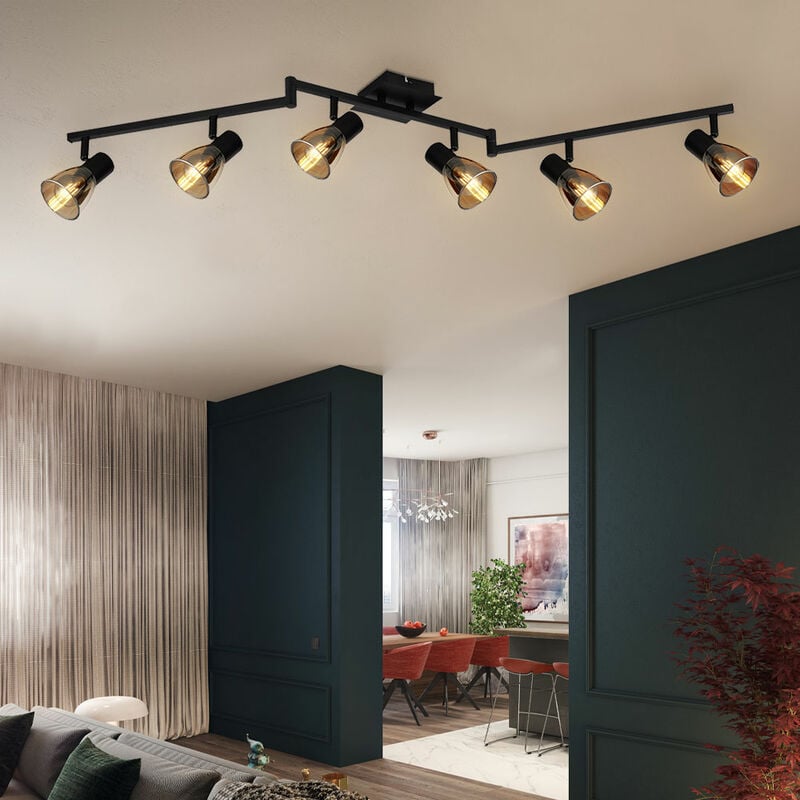 Plafonnier plafonnier spot lampe de salon Spots mobiles, métal noir verre fumé, 6 flammes, LxlxH 145x11x21 cm