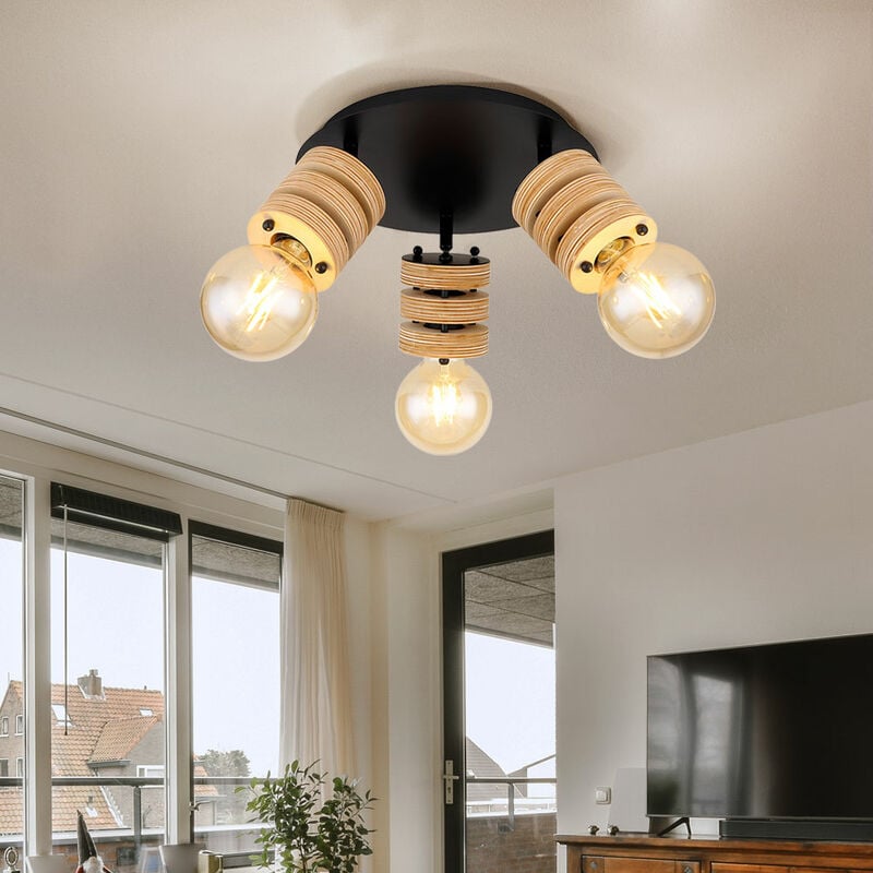 Plafonnier plafonnier spot lampe en bois lampe en bois, spots mobiles 3 ampoules, métal noir bois naturel, douilles E27, DxH 28x17,5cm