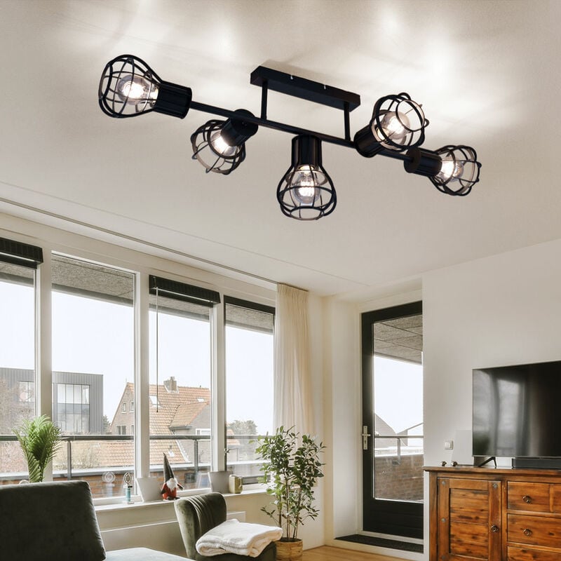 Plafonnier Plafonnier spot salle à manger aspect cage 5 plafonniers à flammes, métal noir, 5x douille E27, LxlxH 90x37x30 cm