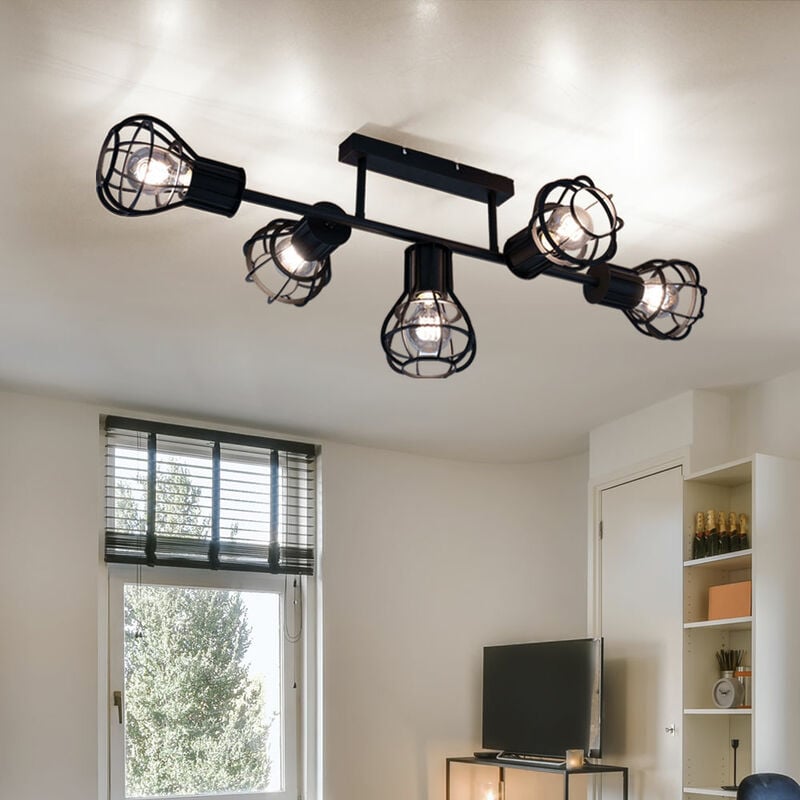 Plafonnier Plafonnier spot salle à manger aspect cage 5 plafonniers flamme, métal noir, 5x douille E27, LxPxH 90x37x30 cm