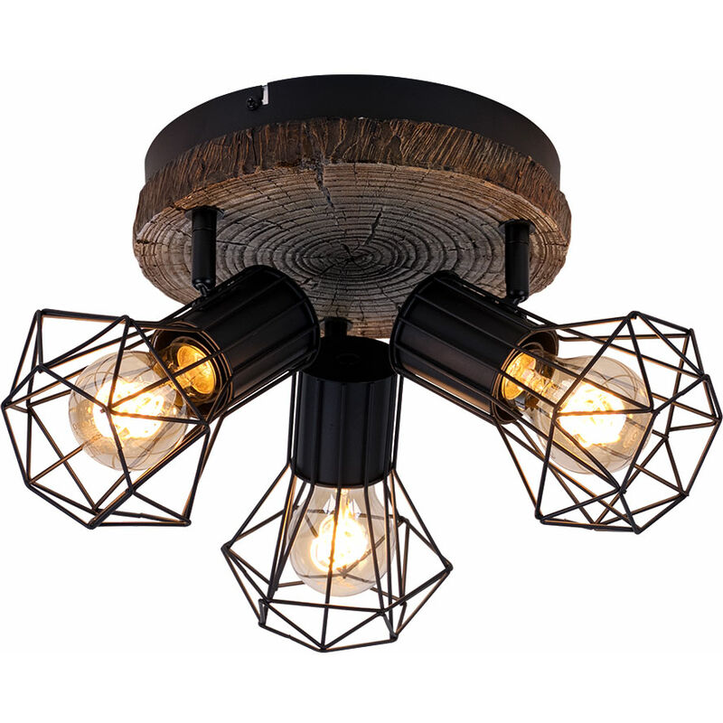 Plafonnier plafonnier spot salon lampe chambre, spots mobiles 3 flammes, métal vintage aspect bois noir, 3x douilles E27, DxH 30x30 cm