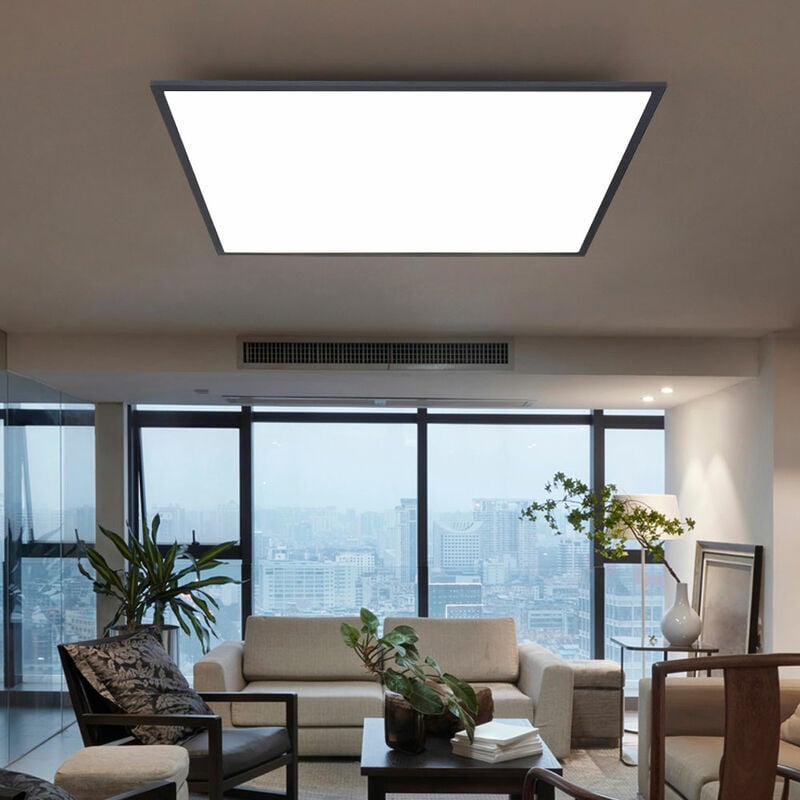 Plafonnier plat à panneau led Plafonnier led pour salon, carré alu noir opale blanc mat, 1x led 30 watt 2000 lumens blanc chaud, l 45 cm