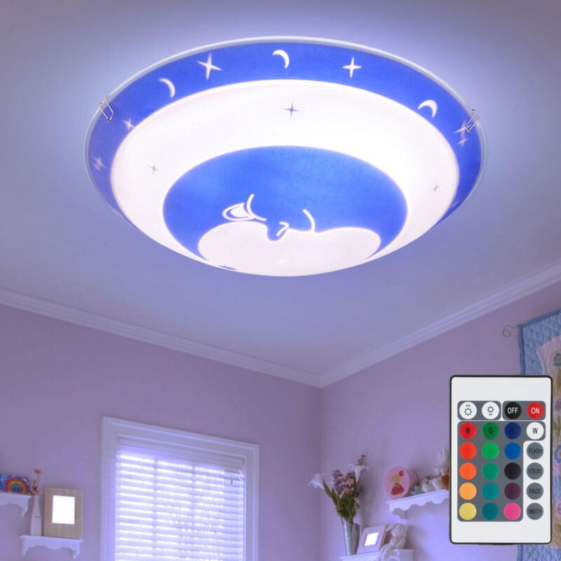 Plafonnier chambre enfants verre enfants chambre étoiles plafonnier enfants lune bleu, changement de couleur dimmable, 1x led 3,5W 320Lm, DxH 30x9