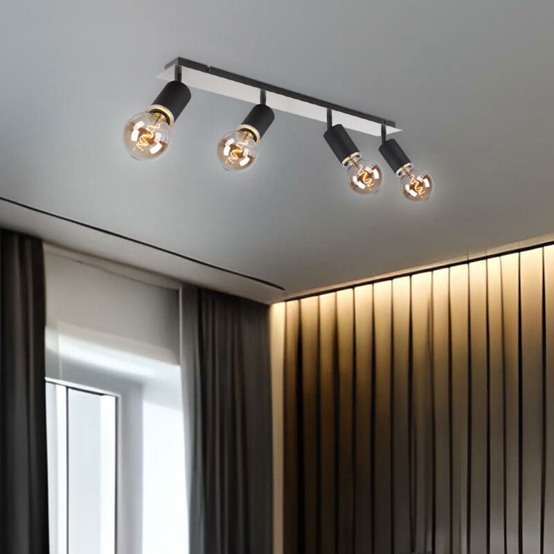 Plafonnier, quatre spots, spot de plafond, barre Spot orientable, noir, métal, bois, 4x douilles E27, LxlxH 80x10x18 cm
