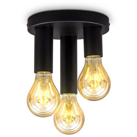 B.K.Licht – Plafonnier rétro noir mat 3 douilles E27 pour ampoules 10W max – Design industriel Ø19x16,5cm – Montage facile inclus