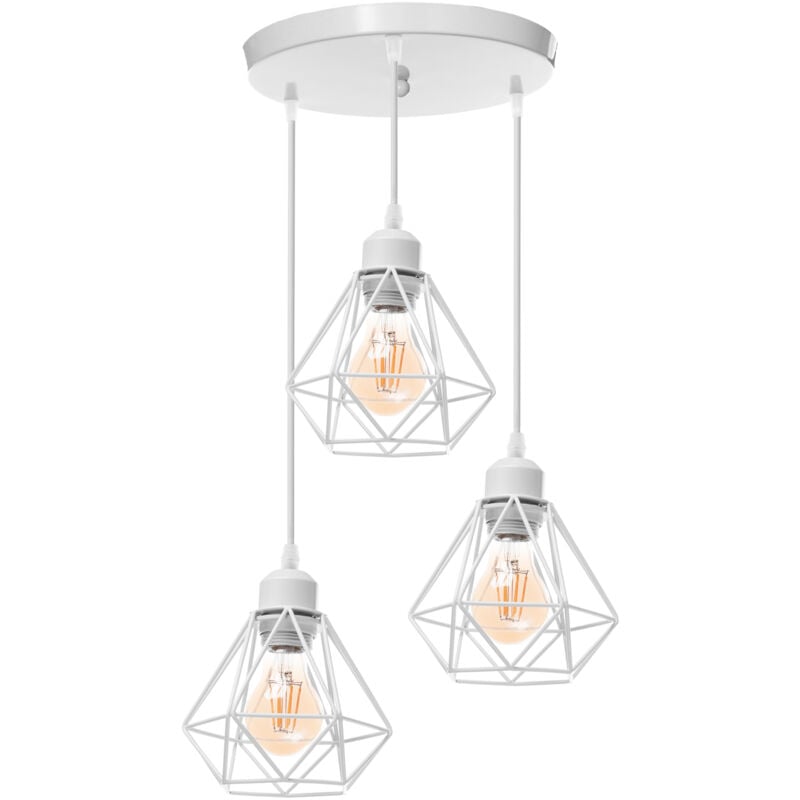 Norcks - Plafonnier Rétro à 3 Lumières Blanc Suspension Luminaire Vintage D'Intérieur Suspension Lustre E27 Cage En Métal