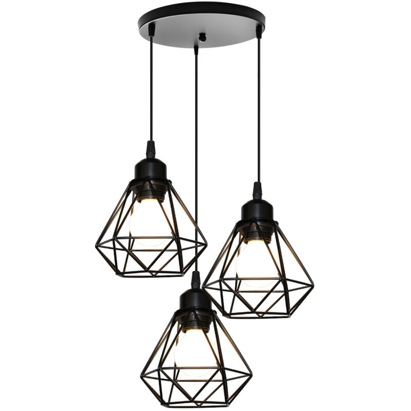Norcks - Plafonnier Rétro à 3 Lumières Noir Suspension Luminaire Vintage D'Intérieur Suspension Lustre E27 Cage En Métal