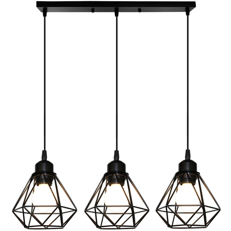 Norcks - Plafonnier Rétro à 3 Lumières Noir Suspension Lustre E27 Cage En Métal Suspension Luminaire Vintage D'Intérieur