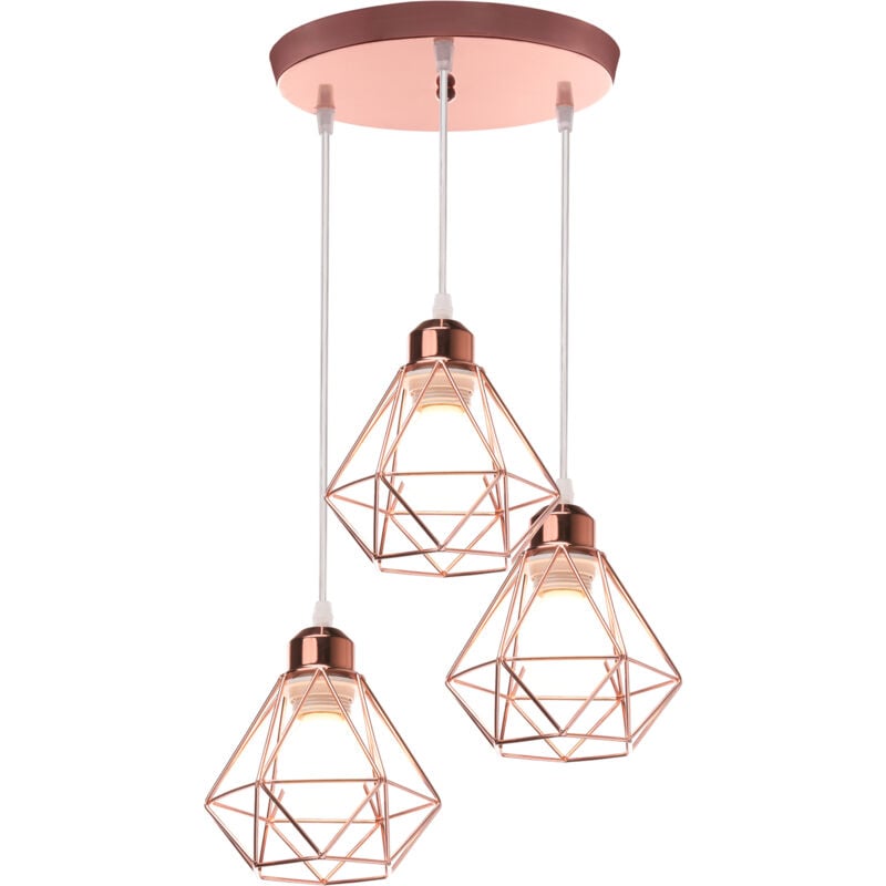 Norcks - Plafonnier Rétro à 3 Lumières Or Rose Suspension Luminaire Vintage D'Intérieur Suspension Lustre E27 Cage En Métal