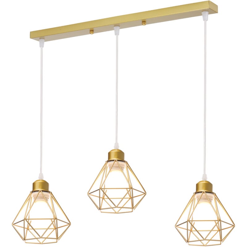 Norcks - Plafonnier Rétro à 3 Lumières Or Suspension Lustre E27 Cage En Métal Suspension Luminaire Vintage D'Intérieur