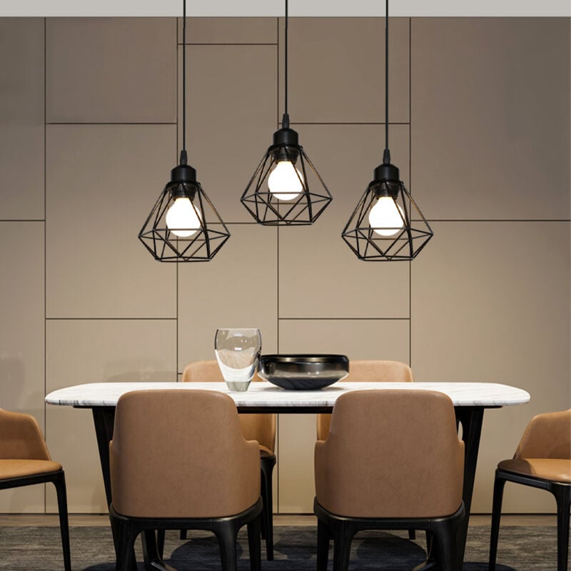Plafonnier Rétro À 3 Lumières Suspension Lustre E27 Cage En Métal Suspension Luminaire Vintage D'Intérieur Noir A