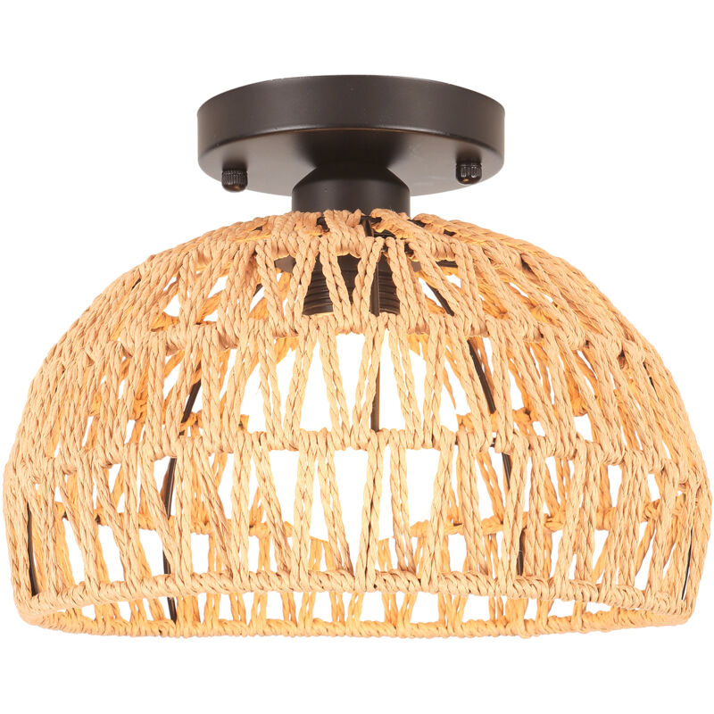 Plafonnier Rétro E27 Luminaire Plafonnier En Corde De Chanvre Tressée, Abat-Jour Cage Rond En Métal Ø25CM, Lampe De Plafond D'Intérieur (Noir)