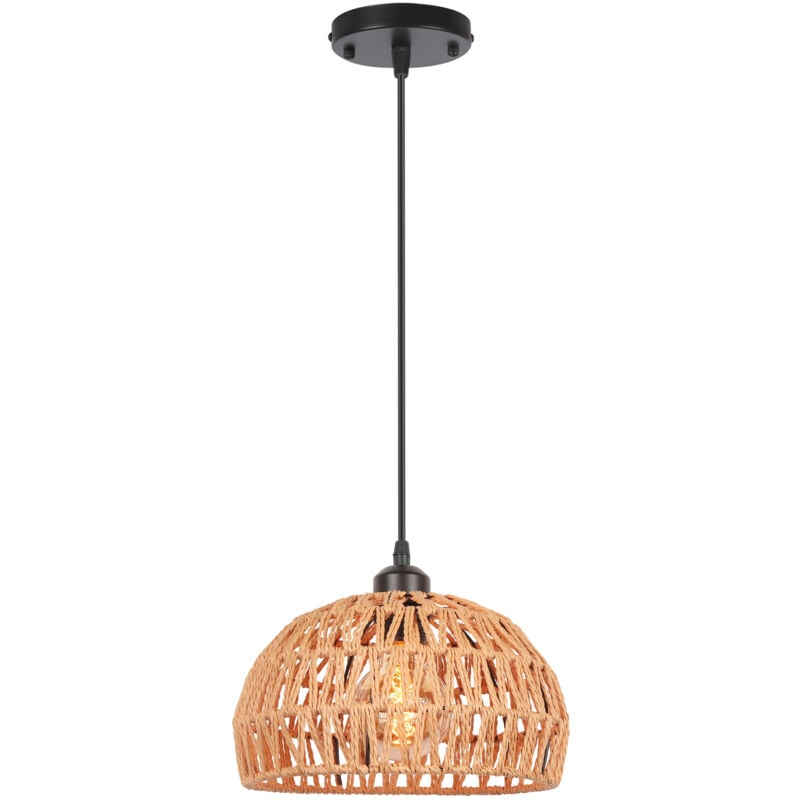 Norcks - Plafonnier Rétro E27 Suspension Luminaire En Corde De Chanvre Tressée, Abat-Jour Cage Rond En Métal Ø25CM, Lustre D'Intérieur (Noir)