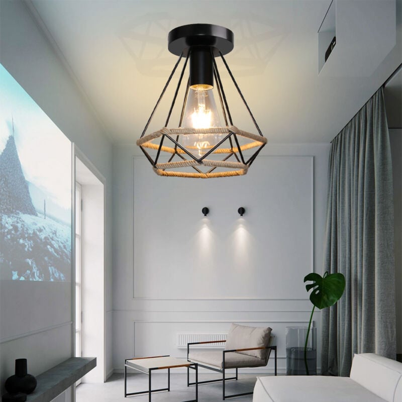 Plafonnier Rétro Industriel Lampe de Plafond en Cage Diamant E27 Luminaire en Métal et Corde de Chanvre pour Couloir Escalier Chambre Salon Noir