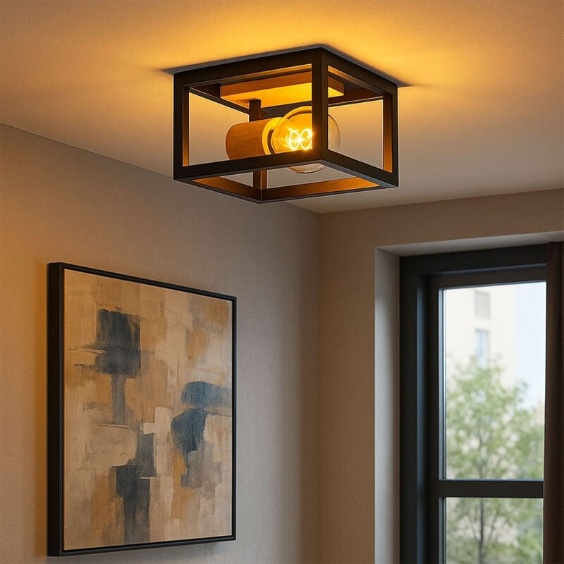 Plafonnier rétro lampe en bois plafonnier cadre noir plafonnier réglable, métal couleur naturelle 1x E27, HxLxP 14,5x22x22 cm