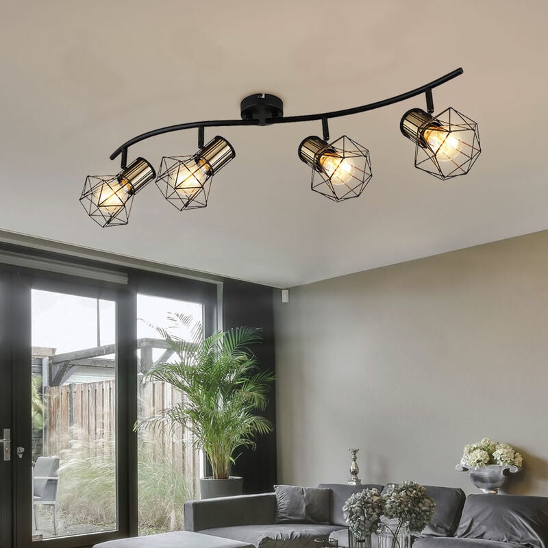 Plafonnier rétro spot de plafond noir 4 flammes plafonnier vintage salon laiton, abat-jour cage, métal, 4xE27, LxlxH 80x22,5x19 cm