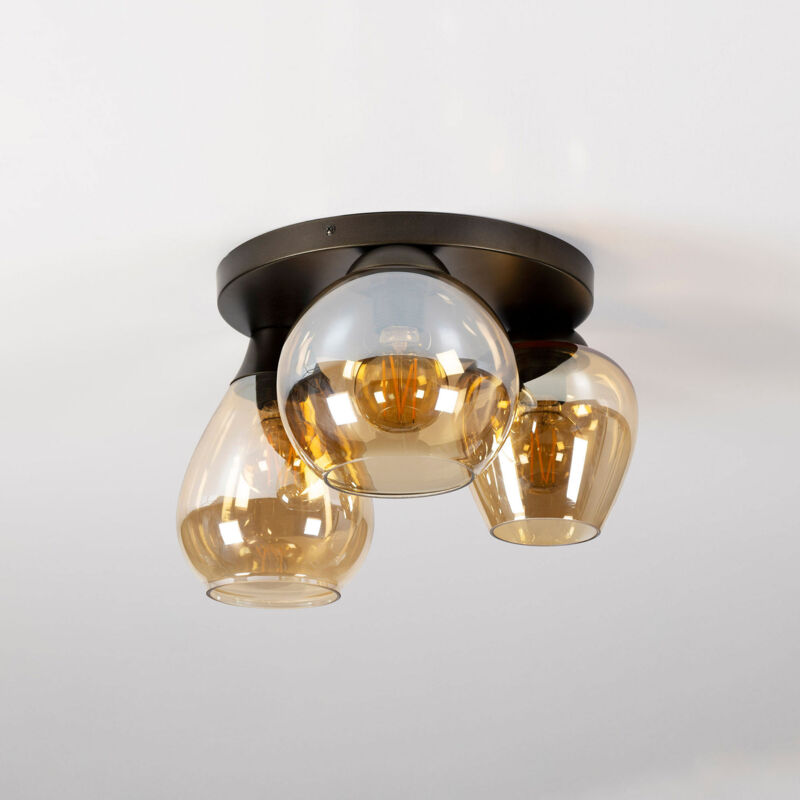 Plafonnier rond 3 lampes 41x24 cm en verre ambré et métal bronze Plafonnier rond 3 lampes 41x24 cm en verre ambré et métal bronze