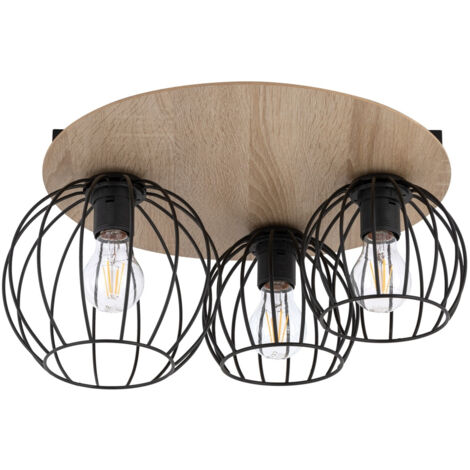 Plafonnier rond Cyber 3 cages métal bois E27 Sigma