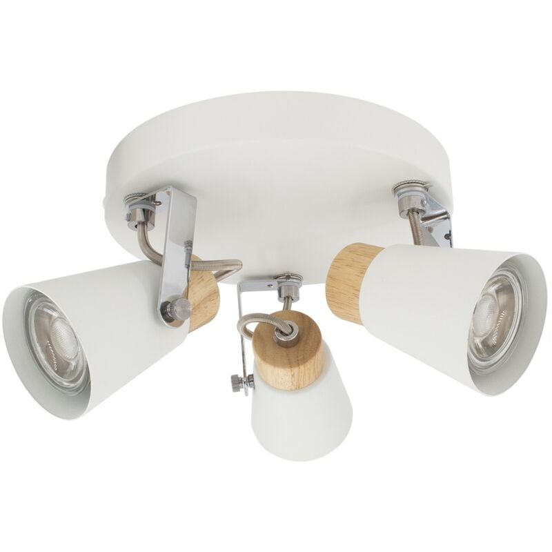 Ledkia - Plafonnier Rond Orientable Métal et Bois Mara 3 Spots Blanc