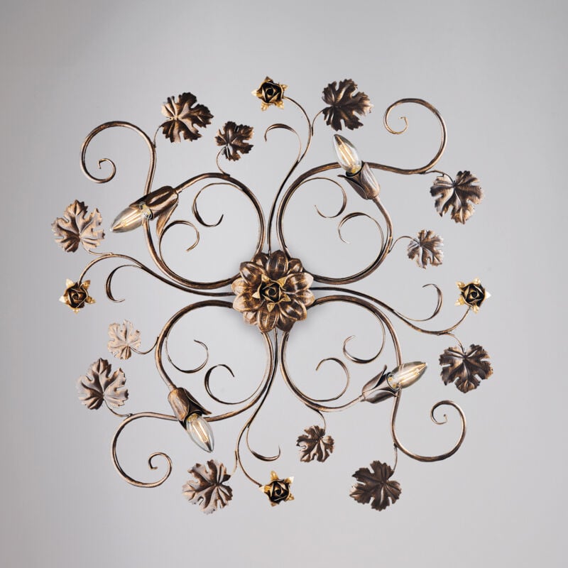 Iris Plafonnier en fer laqué marron décor or antique 4 lumières H.17 d.76 BL169-PL4-BR