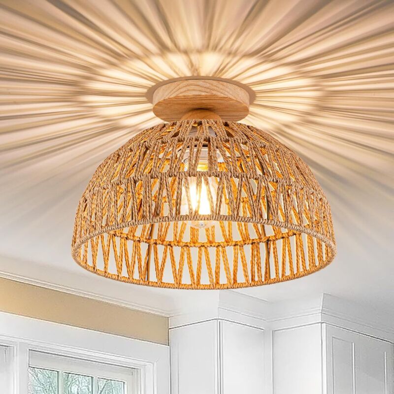 Plafonnier Rotin pour Salon – Lampe Plafond E27, Abat-Jour Rotin, Style Vintage Campagne, Chambre et Couloir, Kaki