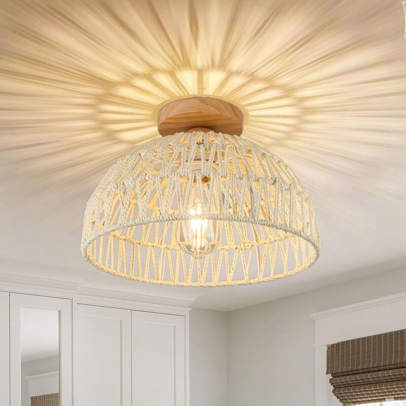 Plafonnier Rotin Salon – Lampe Plafond E27, Abat-Jour Rotin, Style Vintage, Beige