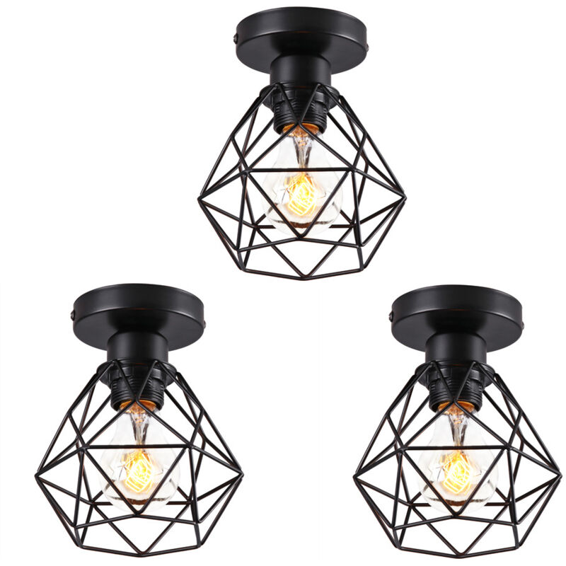 Lampe de Plafond Rétro Plafonnier Industrielle Cage Métal Luminaire de Plafond Noir E27 Ø15CM pour Couloir Cuisine Entrée - 3Pcs