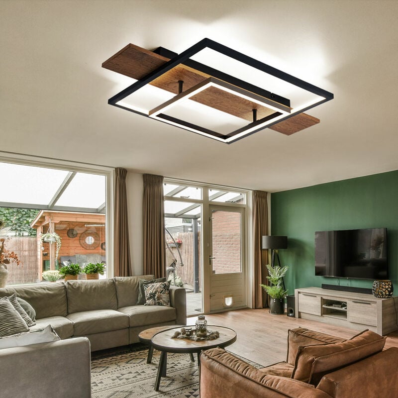 Plafonnier salle à manger plafonnier fonction mémoire 3 niveaux aspect bois led avec aspect bois, aluminium métal noir, 1x led 24W 1100Lm blanc