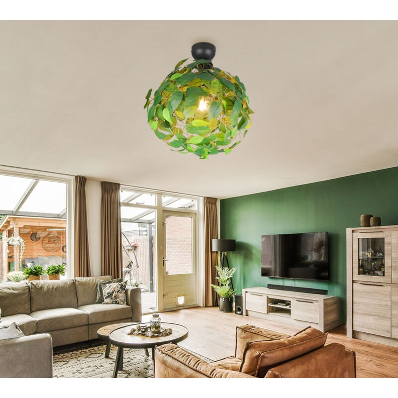 Plafonnier salle à manger Plafonnier lampe de salon lampe de chambre à coucher lampe de couloir, métal plastique noir vert design feuilles, 1x E27, h