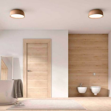 Plafonnier salle de bain aspect bois clair lampe de salon plafonnier  rétroéclairage LED, IP44, opale satinée, 1x LED 24W 2300lm 3000K blanc  chaud, DxH 42x2,5 cm