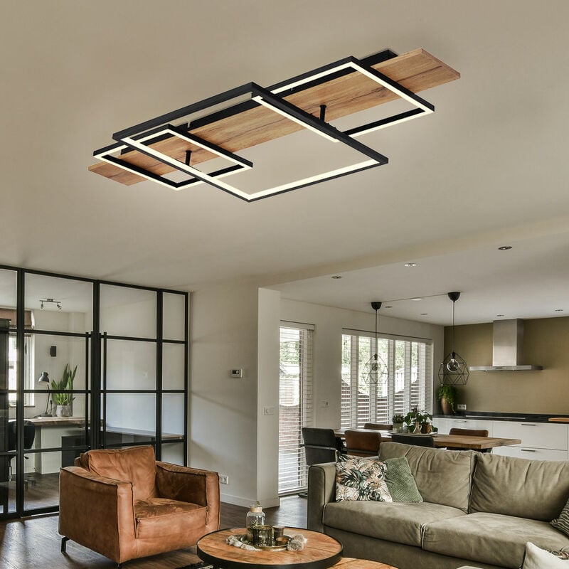 Plafonnier salon aspect bois led chambre à coucher plafonnier led aspect bois, aluminium métal noir, 1x led 32W 1500Lm blanc chaud, LxPxH 95x40x10 cm
