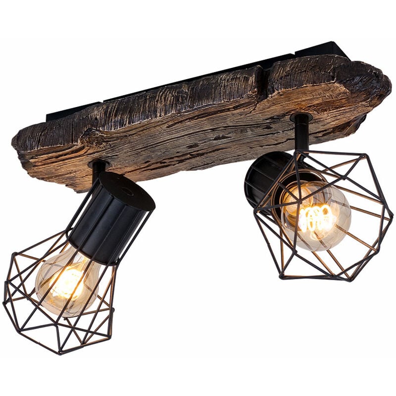 Plafonnier, salon, aspect bois, spot plafond, 2 flammes, spots tressés rétro, orientable, plastique métal, 2x douille E27, LxlxH 38,5x12x23 cm