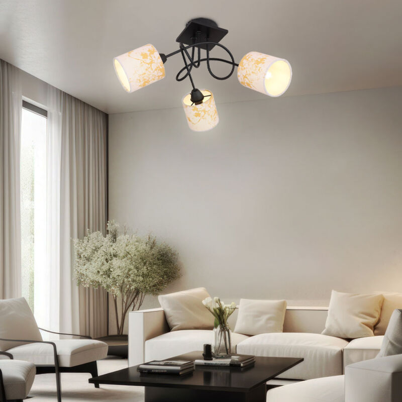 Plafonnier salon lampe plafonnier salle à manger lampe chambre lumière, métal bois textile noir or, 3 ampoules E14, h 27,5 cm