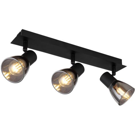 Plafonnier salon métal bois verre noir mat 3 lampes L 40 cm