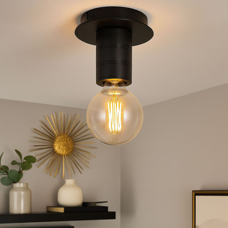 Etc-shop - Plafonnier sans abat-jour noir cache douille ronde aluminium rainuré dimmable