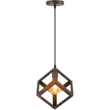 Plafonnier (sans ampoule), cube moderne, plafonnier en métal de style géométrique, compatible avec les ampoules E27, 161616 cm, cordon de suspension de 100 cm (couleur rouille).
