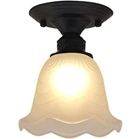 Plafonnier semi-encastré à 1 lumière, abat-jour en verre noir et blanc en forme de fleur Plafonniers for couloir, foyer, douille E27 (sans ampoule)