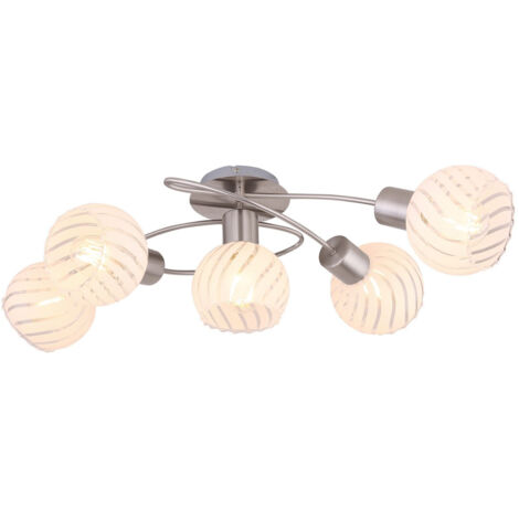 Plafonnier semi-encastré multi-bras, nickel mat, abat-jour en verre transparent, 5 ampoules E27