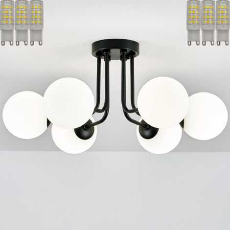 Plafonnier semi-moderne à 6 lampes, lustre noir, G9, abat-jour en verre, convient aux chambres et salons, température de couleur 3000-6000K.