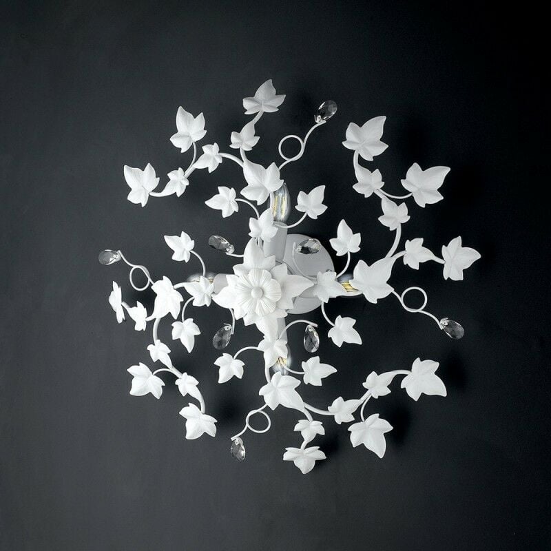 Plafonnier Shabby en fer quatre lumières Blanc avec strass 60 cm lierre
