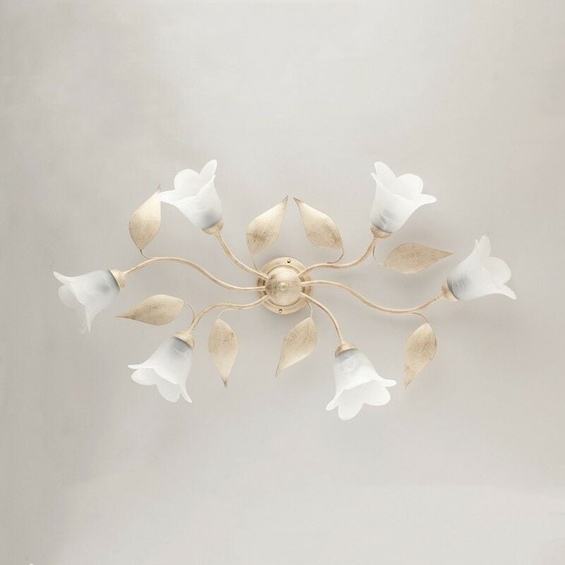 Plafonnier à six lumières en fer ivoire doré avec verre blanc albâtre 95x52x h20 cm