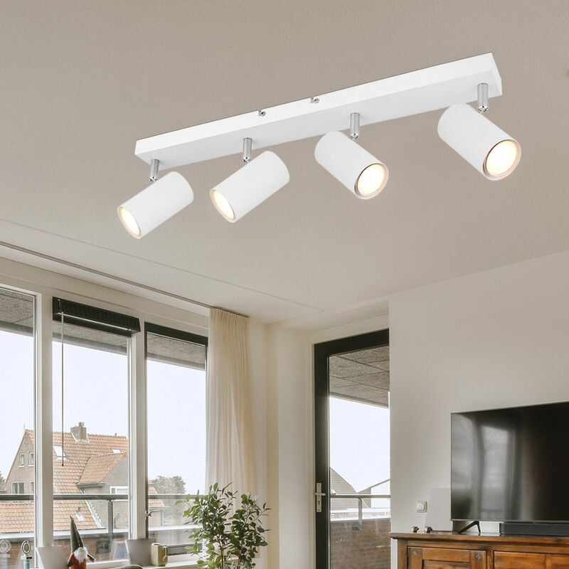 Plafonnier spot 4 flammes spot de plafond blanc plafonnier led salon, avec spots orientables, métal, 4x 4,5W 4x 400lm blanc chaud, LxLxH 56x6x12